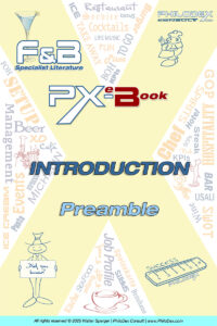 Cover page for F&B Specialist Literature—Introduction and Preamble with PX=Book logo, cocktail glass, chef, cup, ruler, and a sign-holding figure.