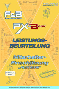 Bright yellow poster advertising 'Leistungsbeurteilung' and 'Mitarbeiter-Einschätzung "Appraisal"', with blue titles, logos, and small illustrations.