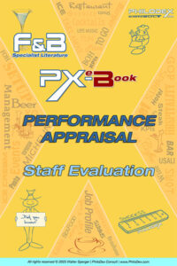 Book cover: 'Performance Appraisal – Staff Evaluation' from the PX e-Book series, yellow background with logos and icons in blue text pieces.
